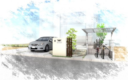 千葉市緑区。<br>ナチュラルな石貼りとシンボルツリーの玄関廻り。3